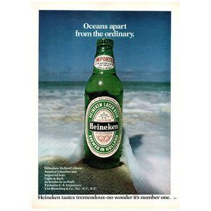1974 Heineken Oceans Apart From The Ordinary Vintage Print Ad Bottle Beach Art